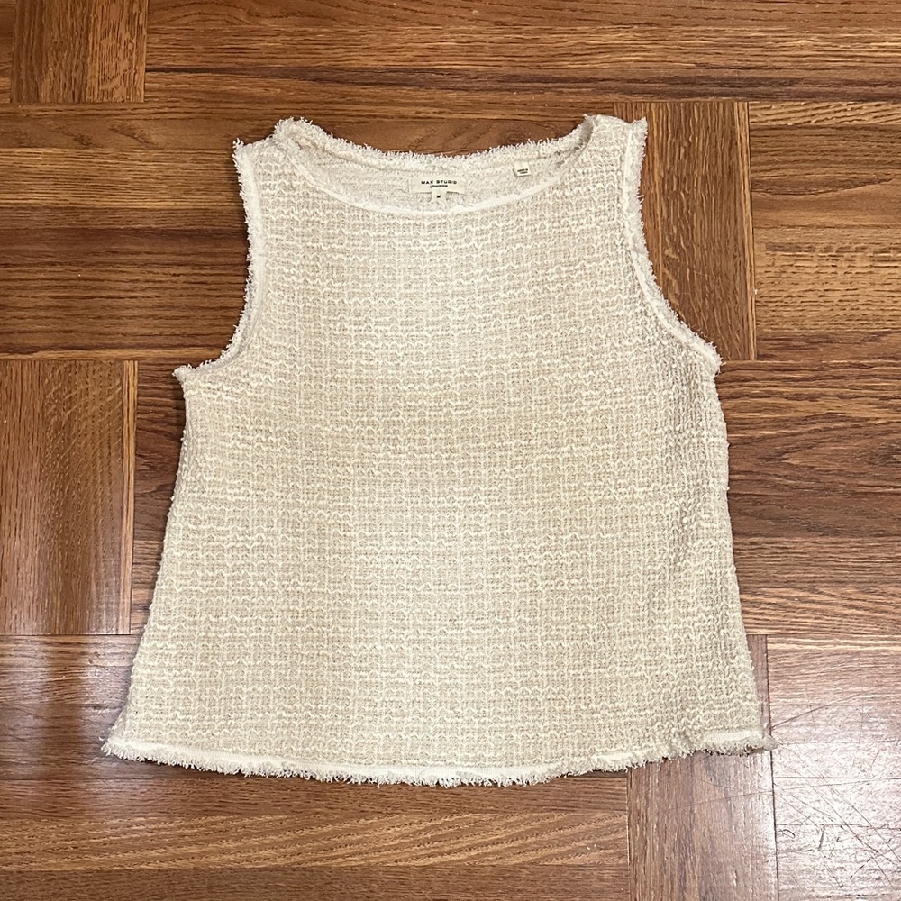 Max Studio London Cream Textured Top Medium Neutral Sleeveless Shell Blouse